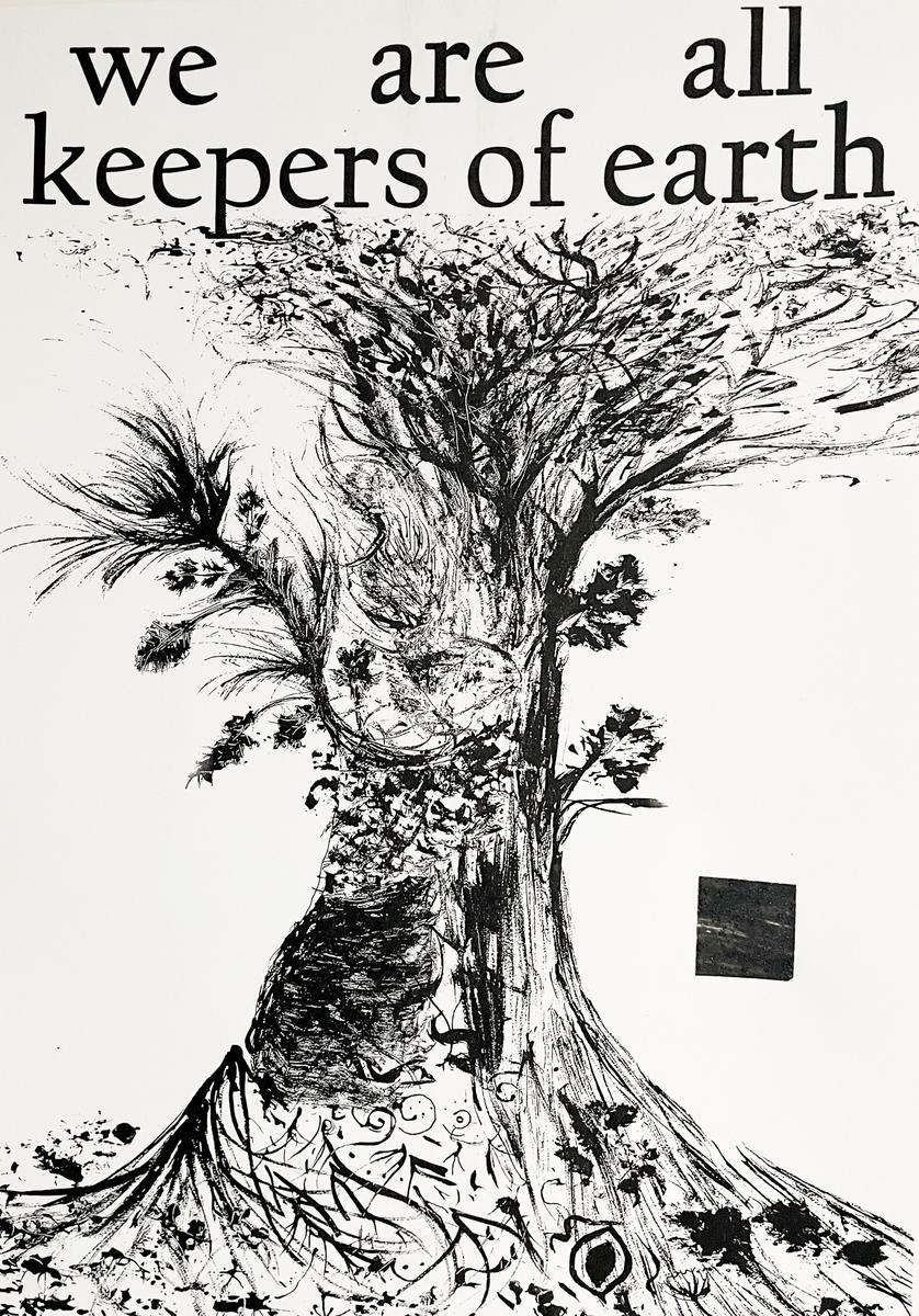 A black and white poster of a great tree with spreading roots and branches, drawn in fine ink marks, with the words 'we are all keepers of earth' across the top.