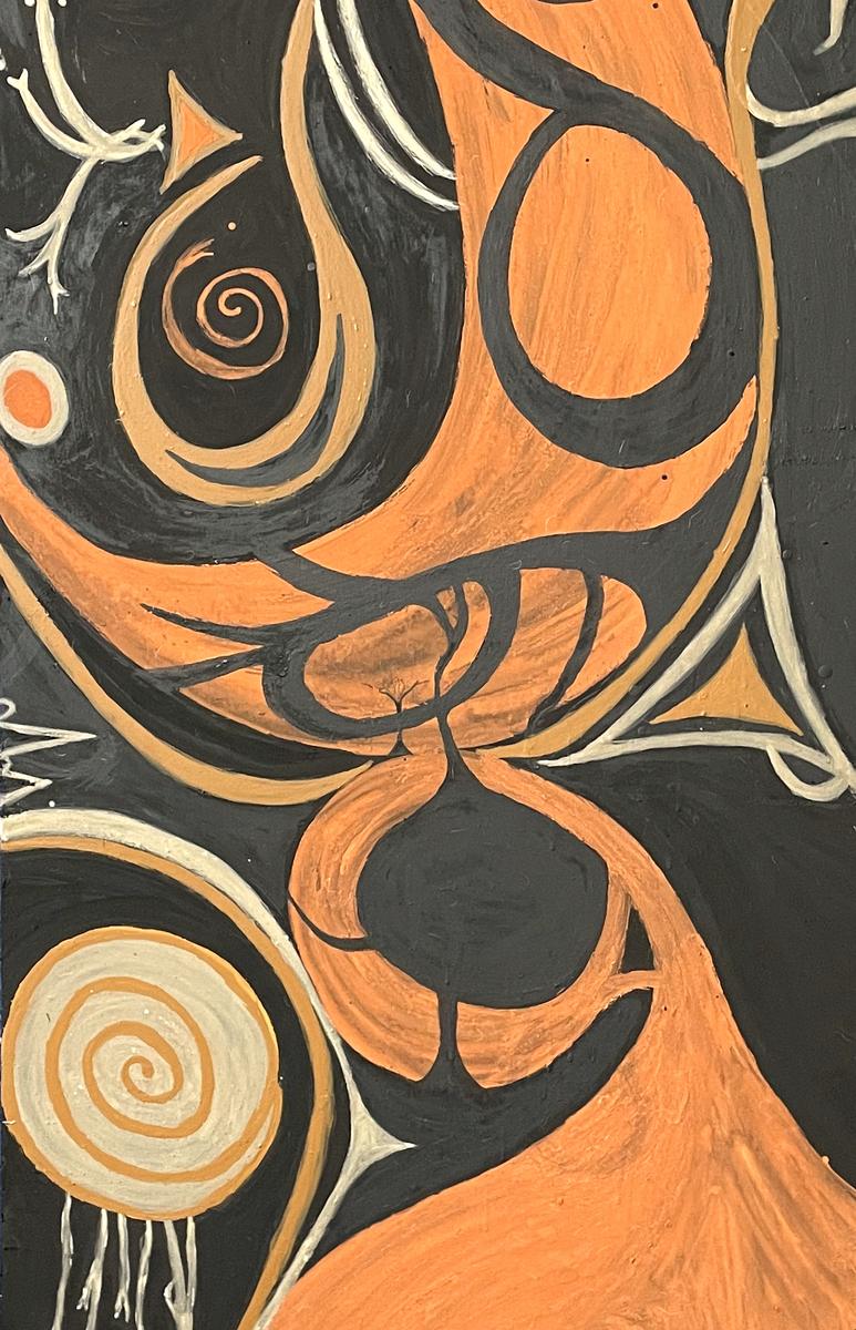 A tall painting in orange, black and cream: looping curved forms, spirals and a concentric circle, painted in earth pigment.