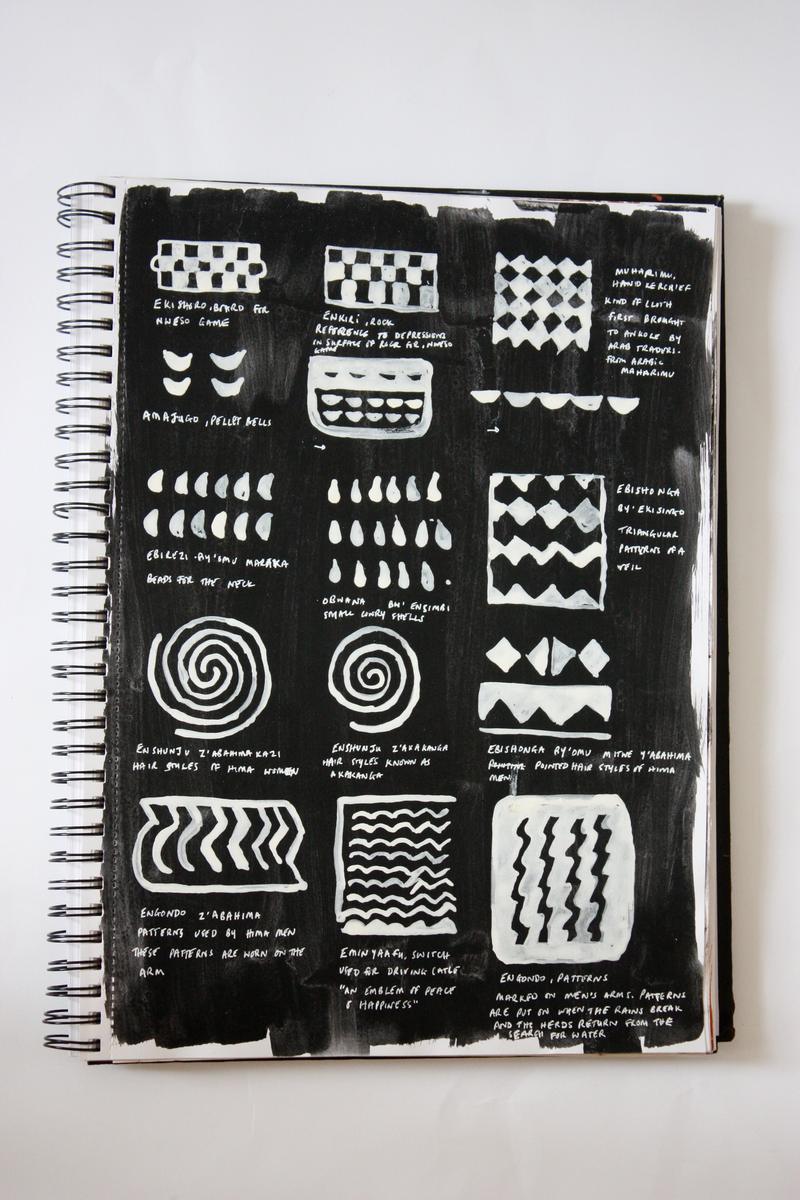 A sketchbook page painted black, with rows of white painted symbols &mdash; chequerboards, spirals, zigzags, crescents and beads &mdash; each labelled by hand in white capitals.