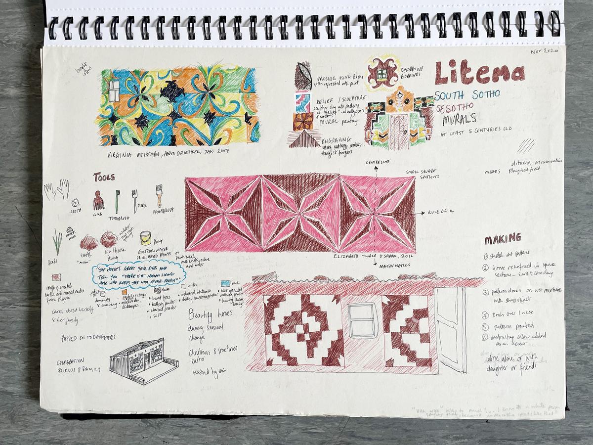 A research spread in coloured pencil and ink on Litema, the South Sotho mural tradition: geometric wall patterns in pink, green and blue, sketches of tools, and handwritten notes on how the murals are made.