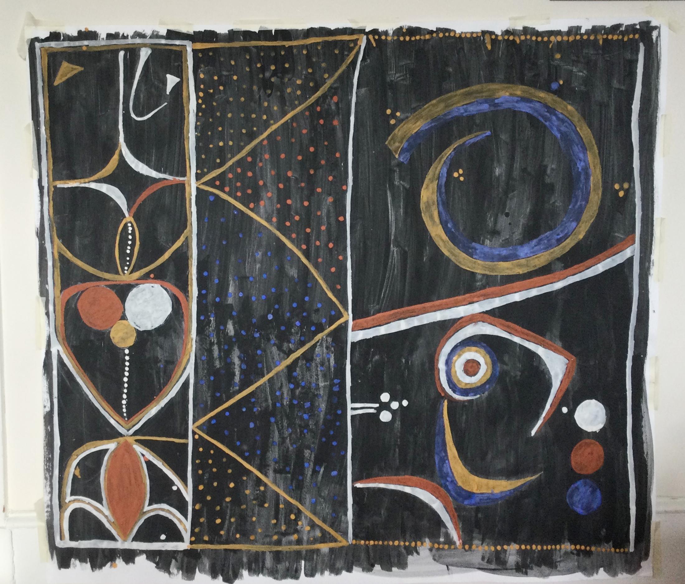 A large painting on a black ground, divided into three panels by white and gold lines. Curved and pointed forms in gold, red ochre, blue and white are arranged across it, with fields of small gold and blue dots.